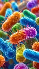 Colorful microscopic view of bacteria showcasing vibrant cell structures in a scientific environment