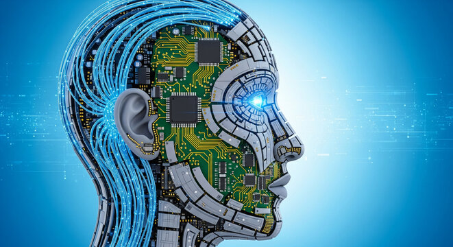 Futuristic blue digital head with artificial intelligence circuit patterns and glowing neural network connections representing innovation and modern technology concept.