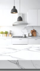 Modern kitchen interior with marble countertops, stylish lighting, and plants, creating a cozy atmosphere