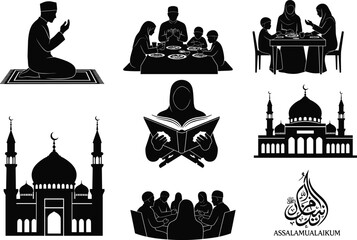 Islamic lifestyle vector set, prayer and mosque illustration, family meal, Quran reading, Arabic calligraphy, religious culture, black silhouette design