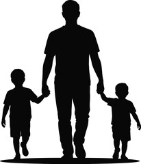 Father and two children walking hand in hand silhouette isolated on white background