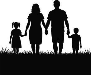 Family silhouette holding hands isolated on white background