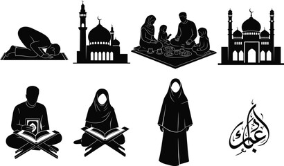 Islamic culture vector set, prayer and Quran reading, mosque architecture, family iftar, Eid Mubarak calligraphy, religious lifestyle, black silhouette design