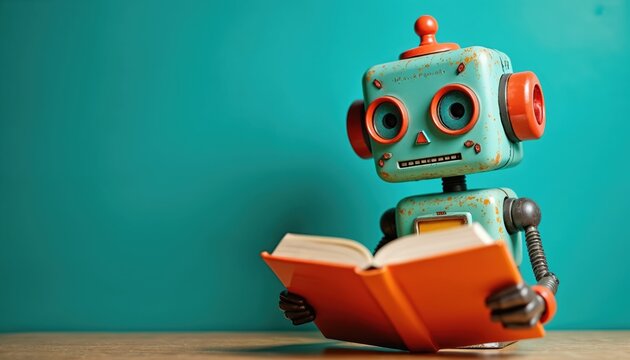 Cute retro robot reads open book sitting at wooden desk. Vintage tin toy studies, learns from pages. AI concept for machine learning, tech education, knowledge acquisition with copy space on plain