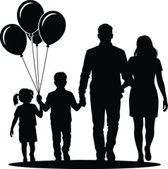 Family with balloons silhouette isolated on white background