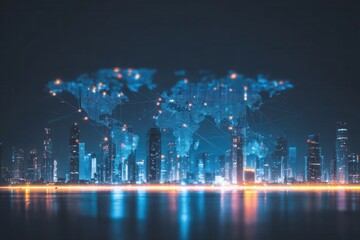 A cinematic sci fi city visualizing global governance powered by blockchain, with strong community collaboration, flawless compliance, real time connectivity, and secure document exchange