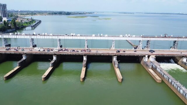 Aerial shot over mahanadi river looking towards the barrage over on it.