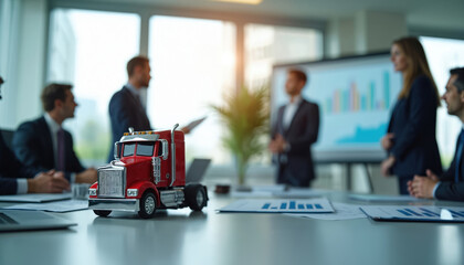 Business professionals meet in office boardroom. Corporate executives discuss strategy for logistics merger with charts. Red toy truck model sits on conference table. Team analyzes financial data,