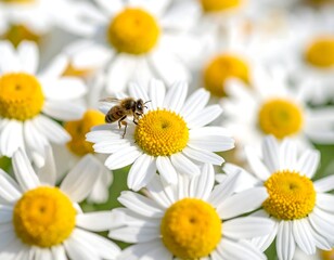 Obraz premium Bee on bright daisy field; clear focus on bee and flower, blurred background of daisies