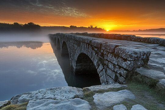 breathtaking sunrise where rolling mist parts to reveal an ancient stone bridge - Powered by Adobe