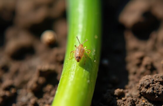 Thrips insect sits on green plant stem. Pest control concept at agriculture field. Pest infestation on crop. Insecticide or organic treatment for plants at farming.