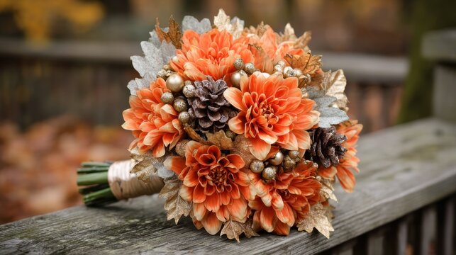 Beautiful autumn floral arrangement with orange dahlias, pinecones, and golden leaves on rustic wooden background