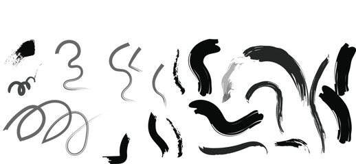 Charcoal or black wax crayons abstract textured swirls and scribbles set. Distressed contemporary grunge chalk or calligraphic brush elements collection