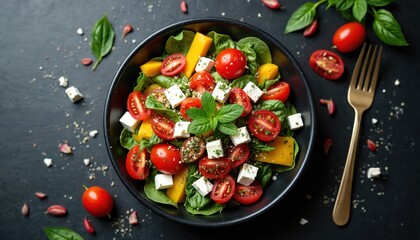 Greek salad served in black bowl on dark surface. Salad includes fresh tomatoes feta cheese peppers. Healthy dietary food placed next golden fork. Summer eating concept. Delicious mediterranean