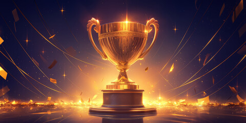 Motivational business background with a golden trophy shining on a pedestal, dynamic light effects