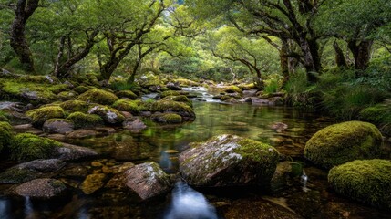 Tranquil forest stream with moss-covered rocks and lush green trees in serene wilderness landscape