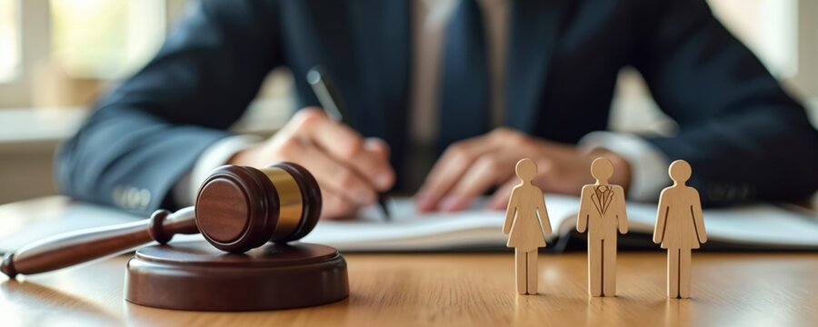 Legal pro writes case notes. Gavel, wooden figures representing family, man, woman, on table. Scene legal advice, divorce, separation, custody, family law, mediation proceedings, child support. - Powered by Adobe