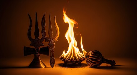 Lord shivas divine trident, sacred fire, and damaru drum symbolize power, destruction, and creation in hinduism