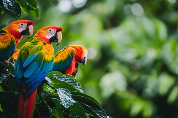bright green leaf with tiny dewdrops, surrounded by colorful parrots in the jungle