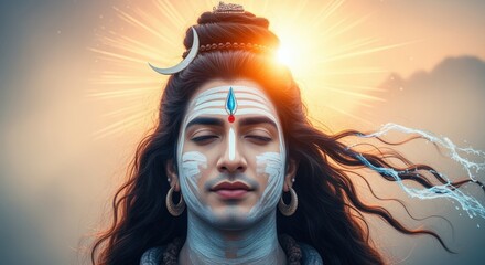 Lord shiva, the hindu deity, depicted with his third eye and crescent moon, radiating divine light