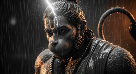 Lord hanuman, a hindu deity, depicted with a lightning bolt striking his forehead during a rainstorm