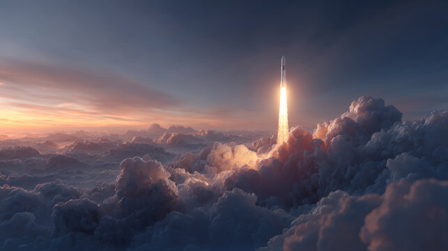 rocket blasting off smoothly with fluffy clouds and soft colors