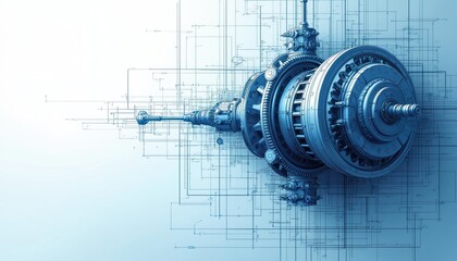 Detailed blue mechanical blueprint of complex machinery with interconnected gears, components. Technical schematic shows intricate engineering details for future projects, innovation. Precision