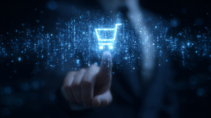 Businessman interacts with a virtual shopping cart icon in a futuristic digital interface, symbolizing online retail and ecommerce technology.