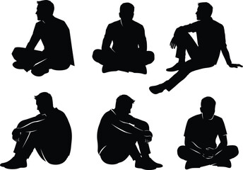 Sitting silhouette poses, relaxed posture illustration, black figure design, seated body language, casual sitting concept, ergonomic pose, meditation style
