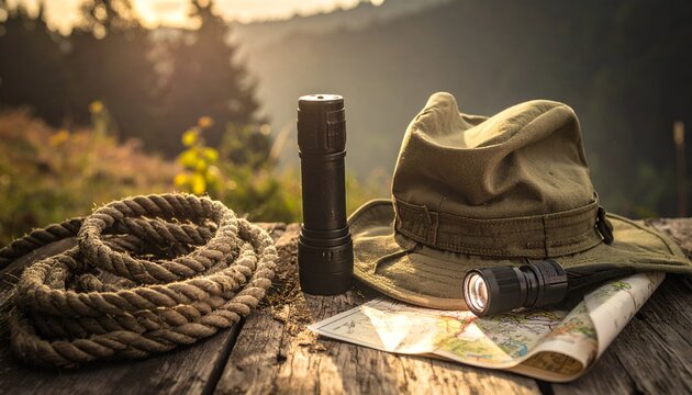 Camping gear on a wooden table with a map, flashlight, rope, and hat, set against a serene forest backdrop - Powered by Adobe