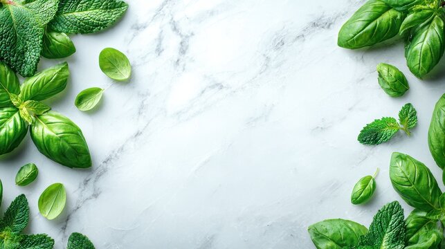 Fresh Green Herbs Arrangement on Marble Surface for Culinary and Natural Themes