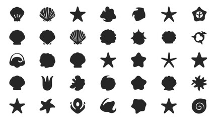 Obraz premium Grid of Black Silhouette Icons of Seashells and Starfish