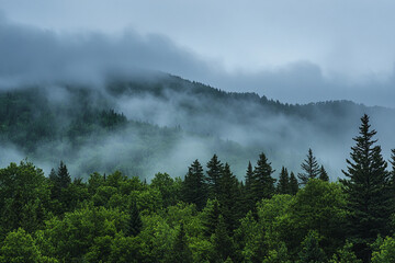 brooding storm approaching fog-covered pine mountain range