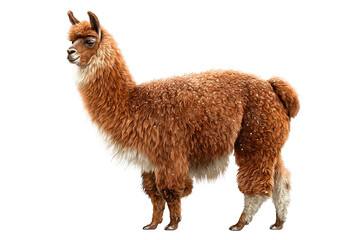 Obraz premium Fluffy brown llama showing thick neck fur, expressive ears, and natural coat sheen, calm posture, isolated on transparent background 