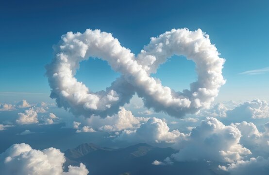 Clouds form infinity symbol in sky. White cloudscape with blue sky background. Mountains and fluffy clouds below. Nature scene with endless symbol.