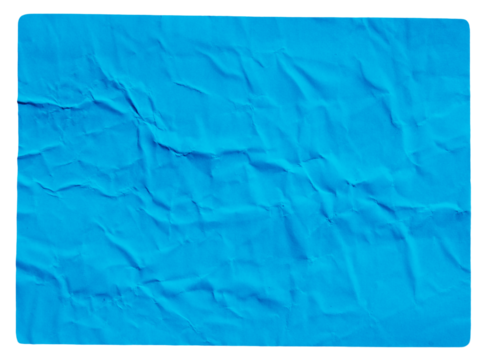 Blue adhesive glued wrinkled paper sticker label with transparent background cut out design element