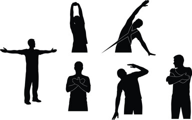 Stretching silhouette poses, upper body exercise, flexibility routine, black figure illustration, warm-up movement, fitness training, torso stretch concept