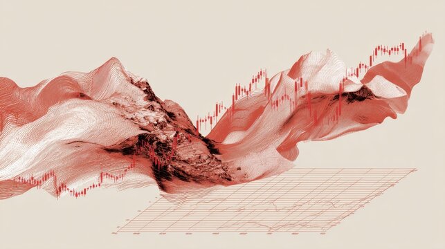 Abstract Illustration of Financial Trends in Vibrant Red and Beige Colors with Wave-Like Forms and Bar Chart Elements