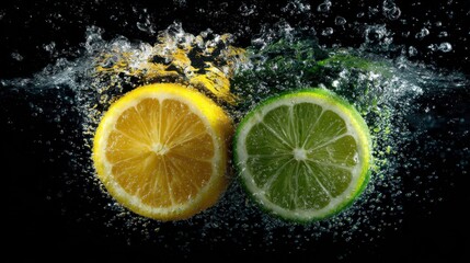 Fresh Citrus Fruits Splashing in Water with Bubbles and Dark Background