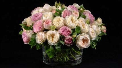 Beautiful Arrangement of Delicate Pink and White Roses in a Clear Glass Vase on a Black Background