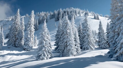 Fototapeta premium Snowy Winter Landscape Featuring Pine Trees, Lush Snow-Covered Hills, and Clear Blue Sky