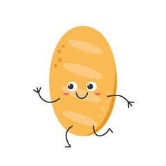 Obraz premium Bread loaf run cute character cartoon smile face cheerful kawaii joy happy emotions icon vector illustration.