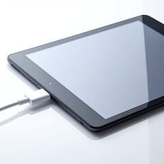 Modern tablet charging on a sleek surface, showcasing technology and minimalistic design aesthetics