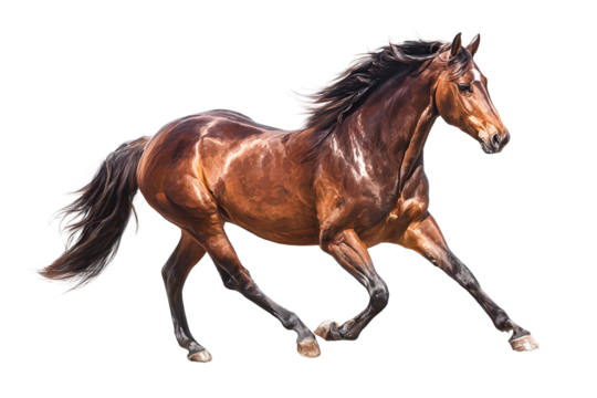 Elegant bay horse in mid-canter, lifted hooves and rich glossy coat with warm brown tones, dynamic natural posture, isolated on transparent background
