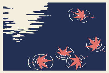 水面に映る月と水に浮かぶ紅葉のレトロなベクターイラスト