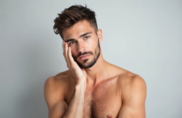 Fototapeta premium Young handsome man with stylish beard touches clean, smooth face. Shows healthy skin, good grooming, male beauty. Attractive model poses for personal care products. Man looks serious, thoughtful,