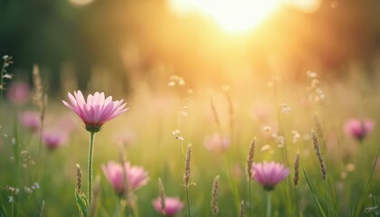 Obraz premium Pink wildflowers blossom in vibrant green grass. Golden sunlight bathes field, creating gentle, warm glow. Serene nature landscape conveys peace, natural beauty, summer mood early morning. Light adds