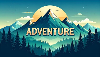Majestic mountains under a vibrant sunset with the word 'ADVENTURE' prominently displayed, inspiring exploration