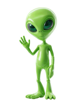 Friendly green alien character, slim body and long fingers, neutral stance with one hand raised, satin mint skin with subtle speculars, big glossy eyes, isolated on transparent white background, no sh