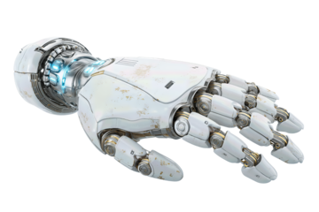 Advanced robotic hand design featuring brushed-metal joints, subtle wear, and blue status lights across a white matte surface, isolated on transparent background